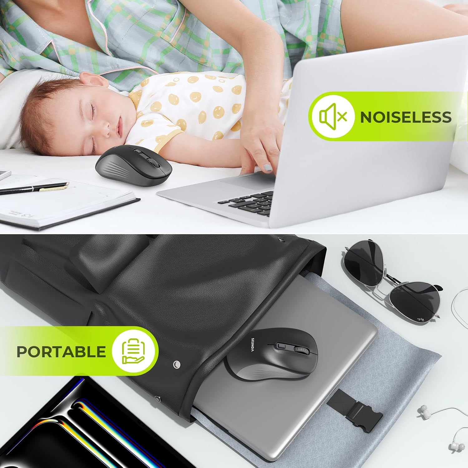 seenda Bluetooth Wireless Mouse, Dual Mode, Quiet 1600 DPI, Black